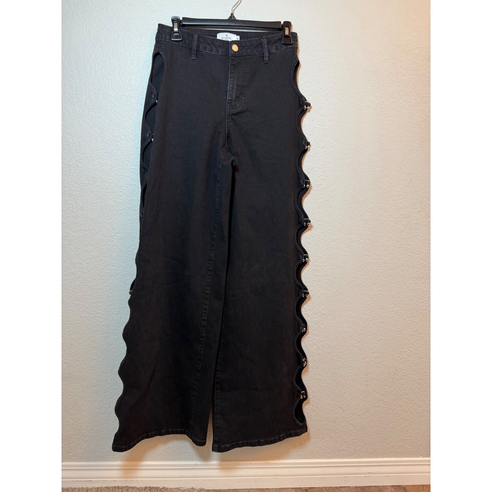 Windsor Denim Black Wide Leg Scalloped Cutout Side Jeans WN628BLK Small